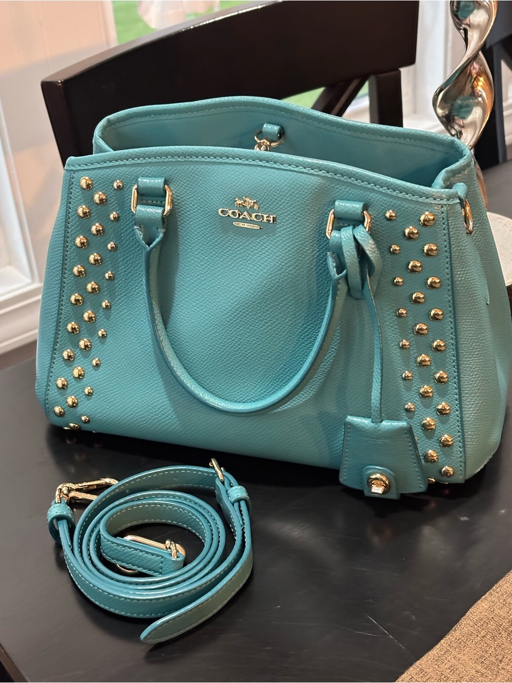 Coach Margot Studded Carryall Crossbody Aqua Blue Pebbled Leather Silver Rivets - Picture 3 of 16